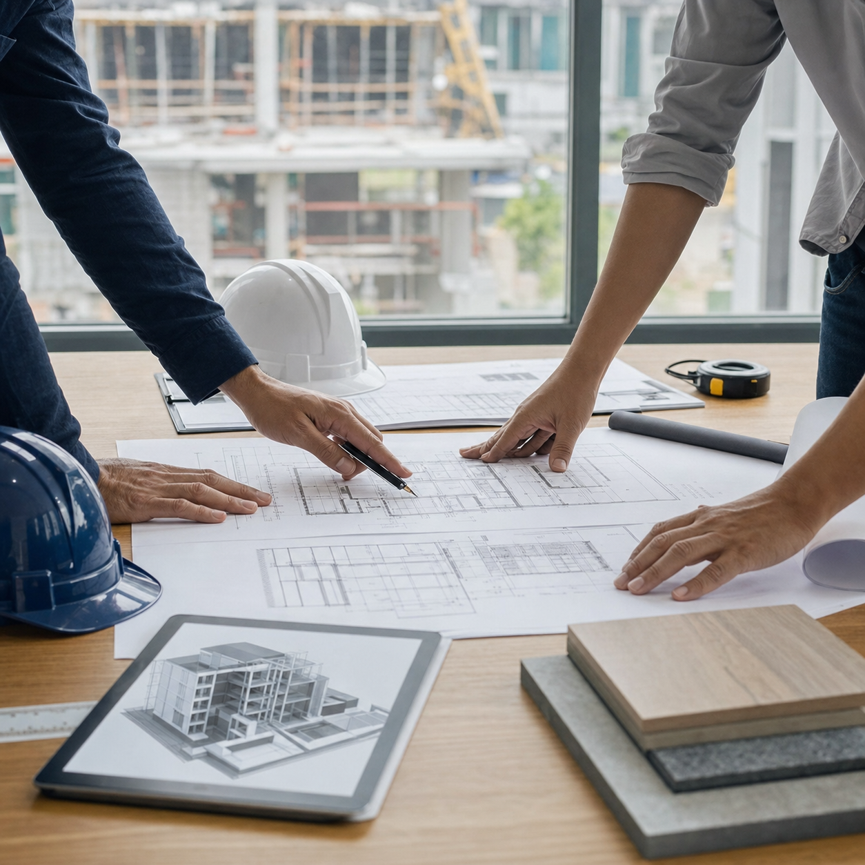 Mühendislik ekibinin proje planlarını değerlendirdiği masa