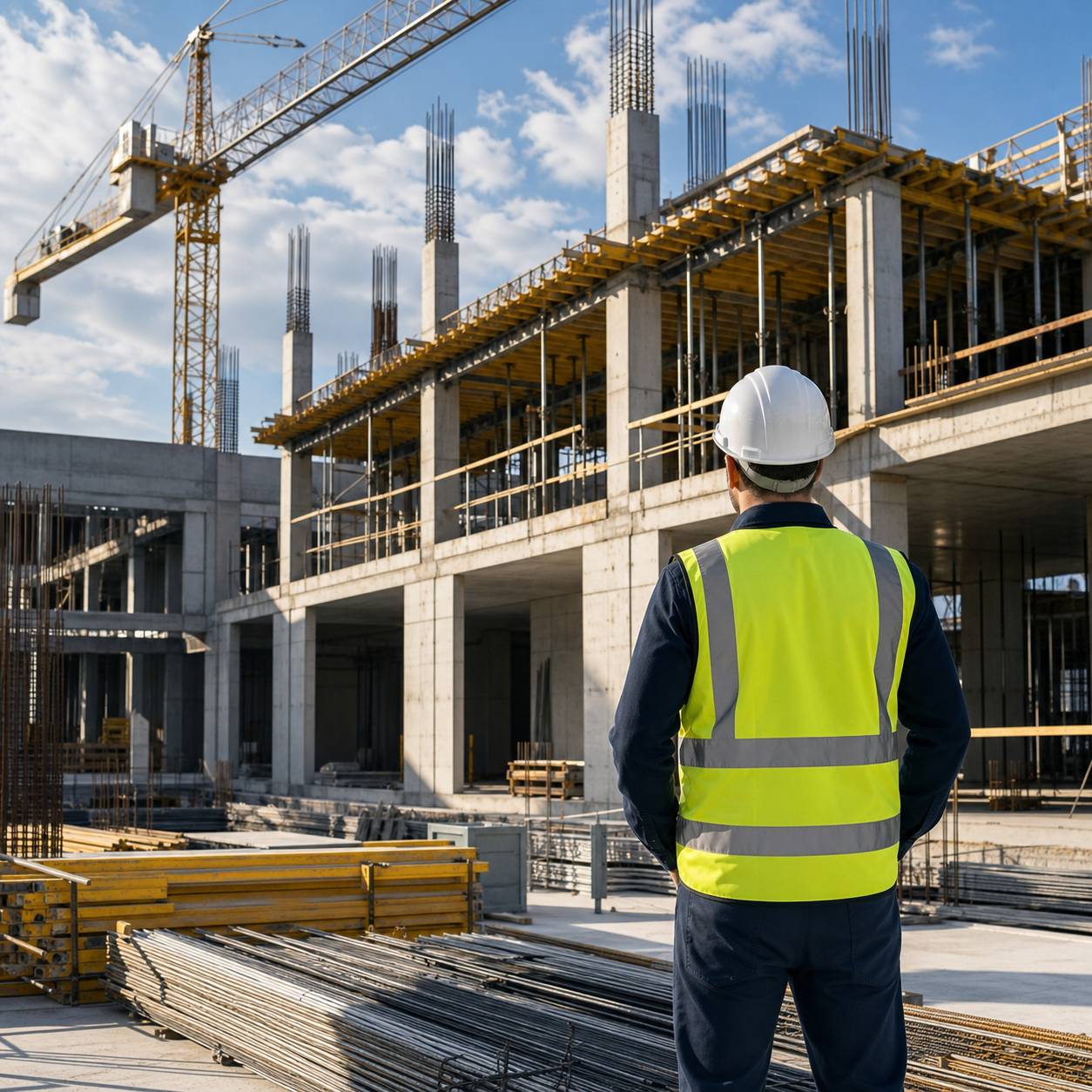 Aktif inşaat sahasında betonarme yapı ve saha sorumlusu